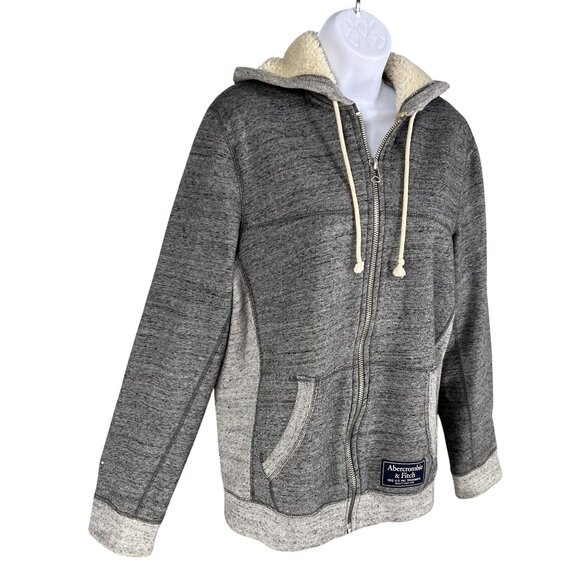 Abercrombie & Fitch Men M Y2K Gray Deep Pile Sherpa Lined Full Zip Hoodie Jacket - Picture 8 of 16